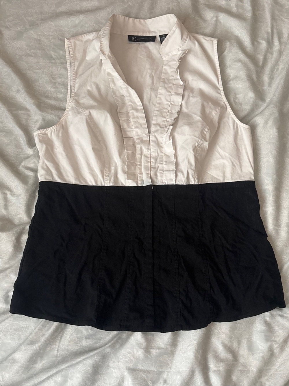 INC International Concepts Two-Tone Ruffle Front Sleeveless Top - White & Black